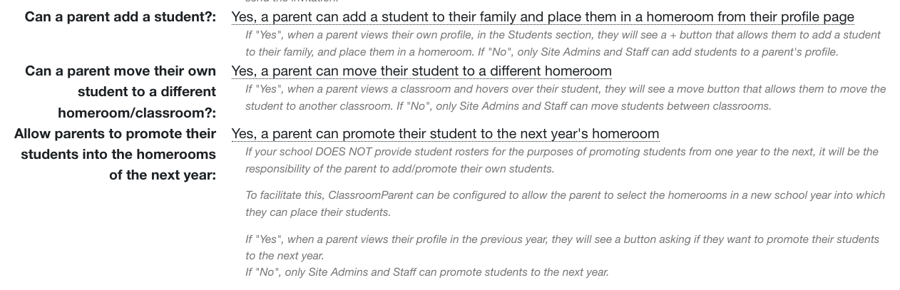 Parent Self-Management Settings